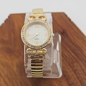 Quartz Women's Gold Tone Rhinestone Bow Accent Watch Stretch Pull On Coquette